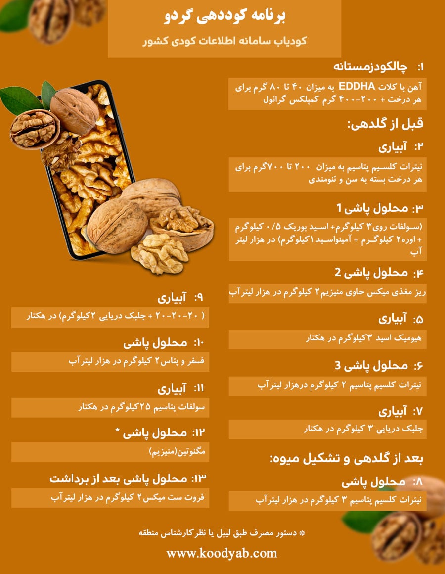برنامه تغذیه و تقویم کوددهی گردو